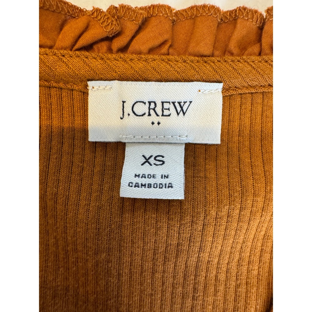 J.Crew Vintage Rib Ruffle Henley Top Rust Brown Long Sleeve XS - Picture 4 of 6